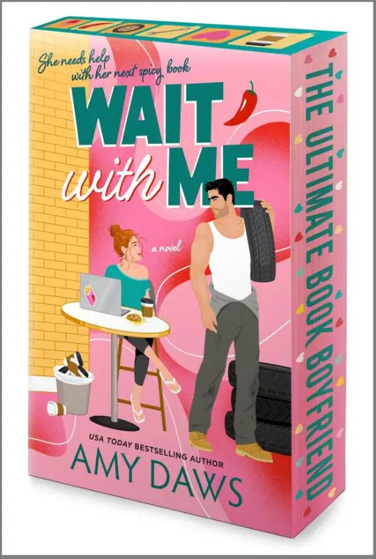 Pink hardcover boek wait with me van amy daws met levendige illustratie van monteur miles op de omslag