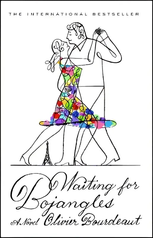 The book cover of waiting for bojangles shows a black and white line drawing of a dancing couple with a colorful patterned dress