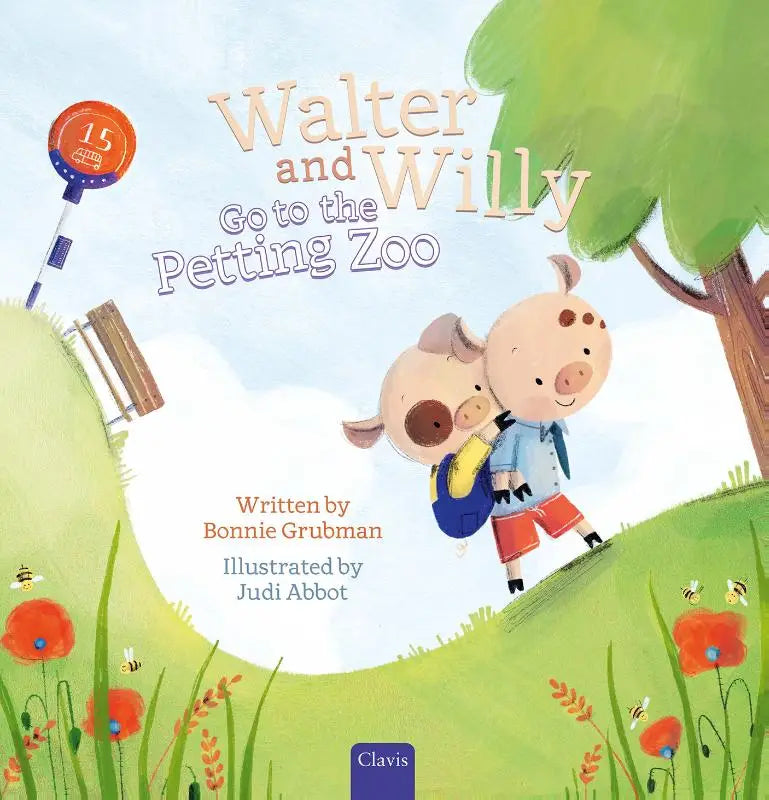 Voorpagina van kinderboek walter and willy met twee cartoon varkens bij de petting zoo lopend op een grasheuvel