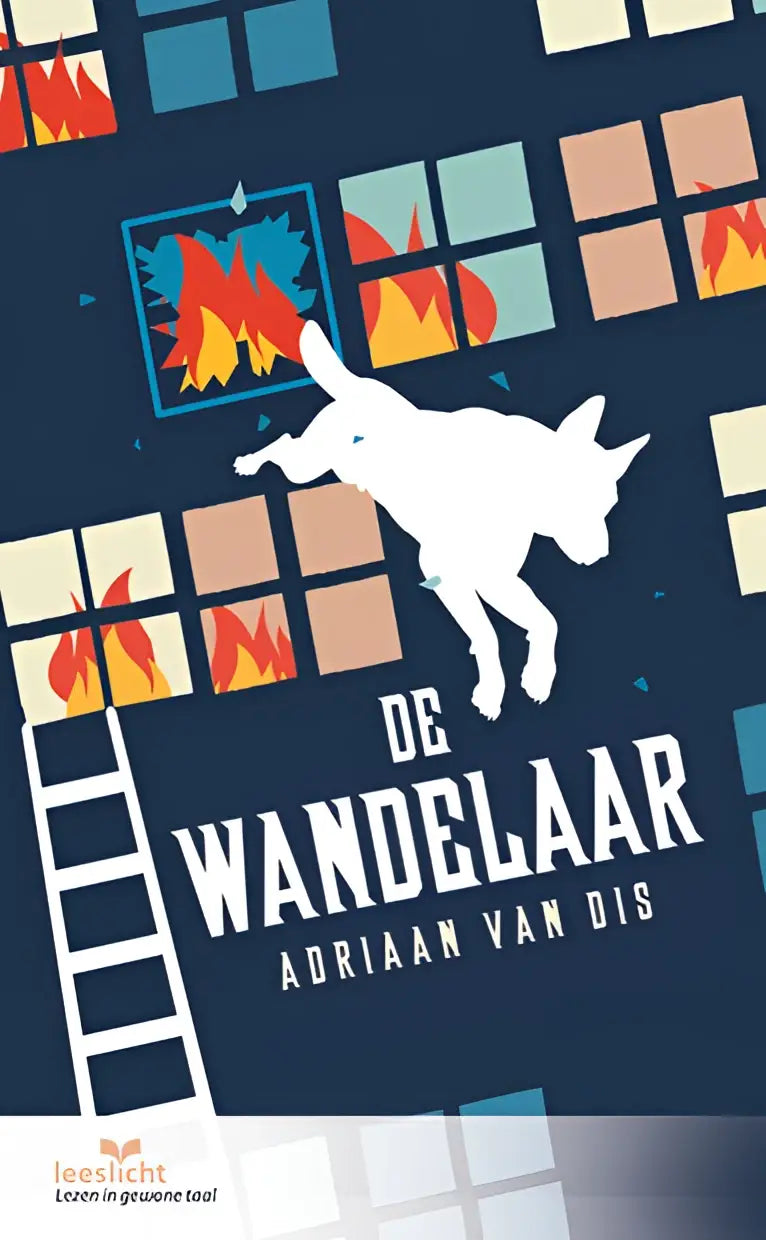 Witte silhouet van een springende hond op een donkerblauwe achtergrond met gestileerde ramen en vlammen in de wandelaar