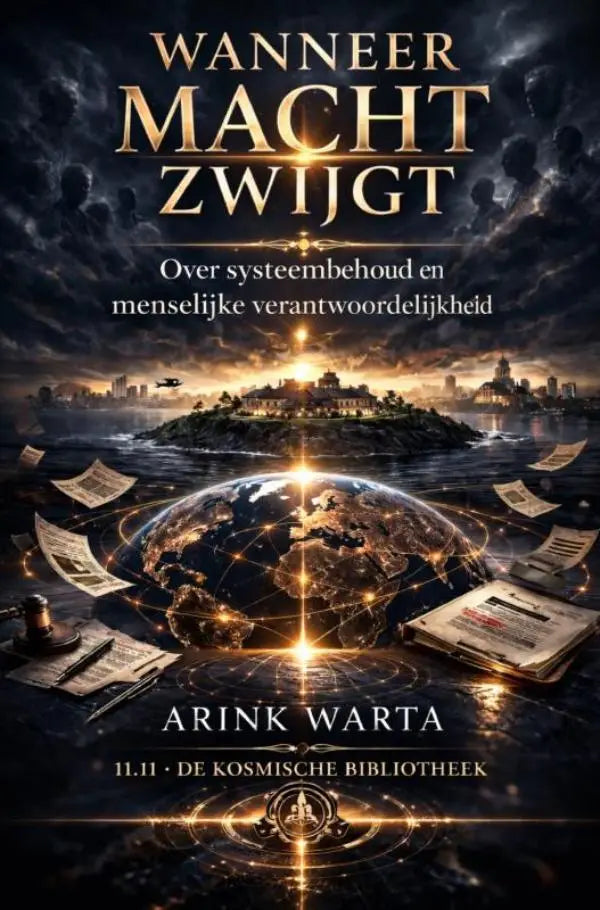 De boekcover van wanneer macht zwijgt van arink warta toont een donker ontwerp met gouden tekst en kosmische bibliotheek symboliek
