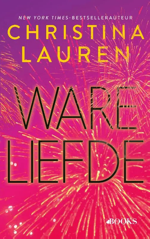 De boekcover van ware liefde toont zwarte letters tegen een roze paarse achtergrond met gouden vuurwerk