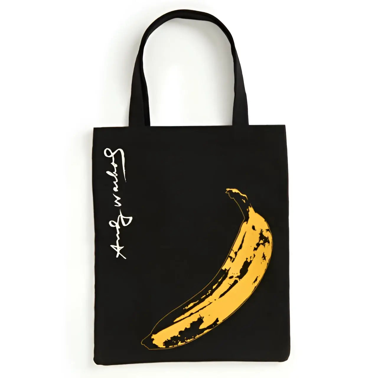Zwart canvas tote bag met een opvallende gele warhol banana print met zwarte vlekken en witte handtekening
