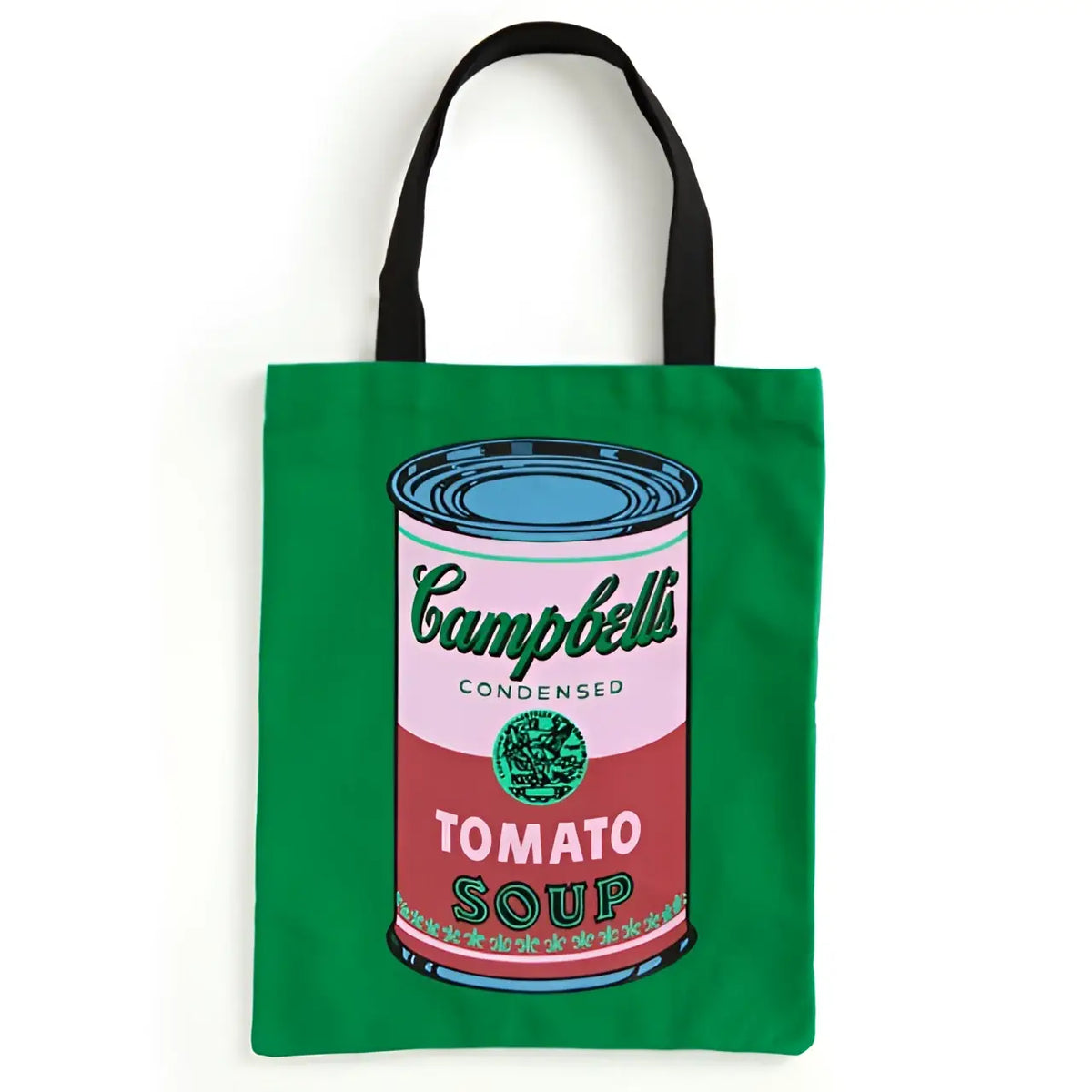Groene canvas tote bag met een bedrukte can canvas van campbells condensed tomato soup in rood, wit en groen
