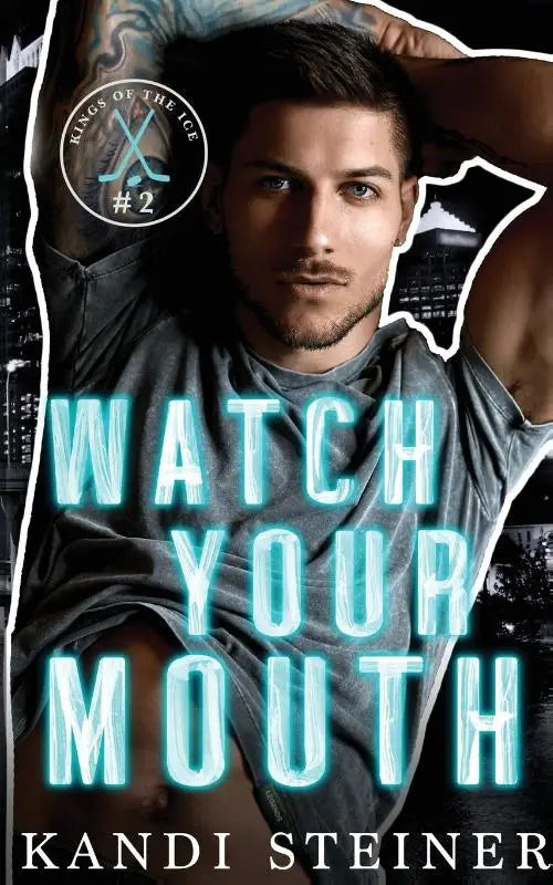 Man met blauwe ogen en baard, grijs t-shirt, watch your mouth product door kandi steiner