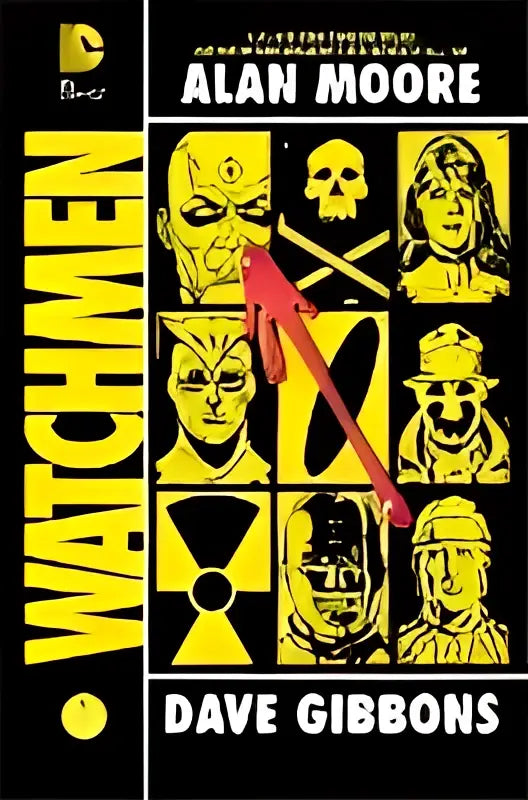 Gele en zwarte comicboekcover van watchmen international edition met gestileerde gezichten schedels en stralingssymbool door dave gibbons