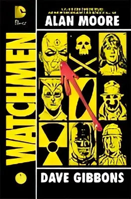 Gele en zwarte comicboekcover van watchmen international edition met alan moore, dave gibbons en iconische karakters