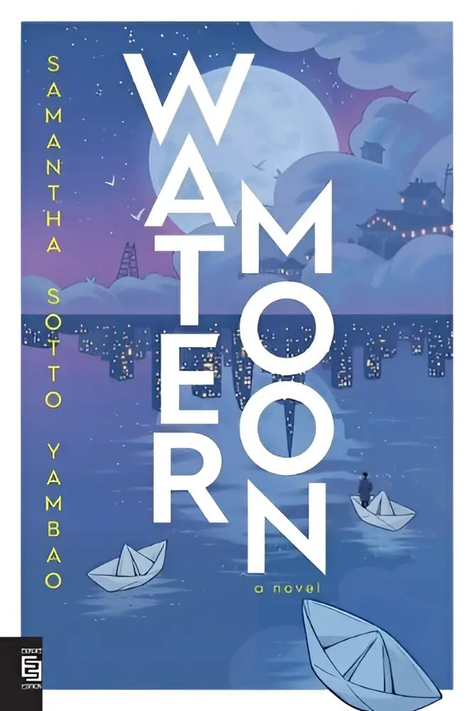 De boekcover van water moon een roman toont witte letters op een serene blauwige illustratie van papieren bootjes