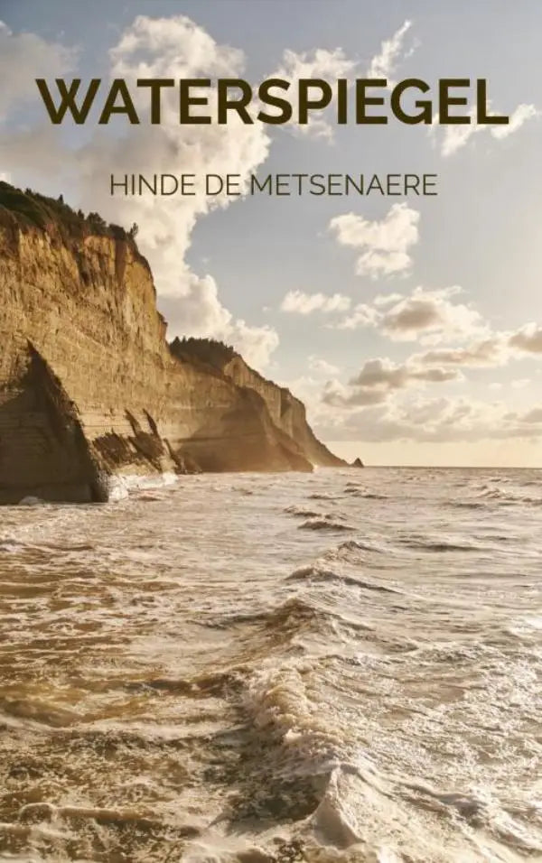 De boekcover van waterspiegel door hinde de metsenaere toont een dramatisch kustlandschap met gouden kliffen en ruwe golven