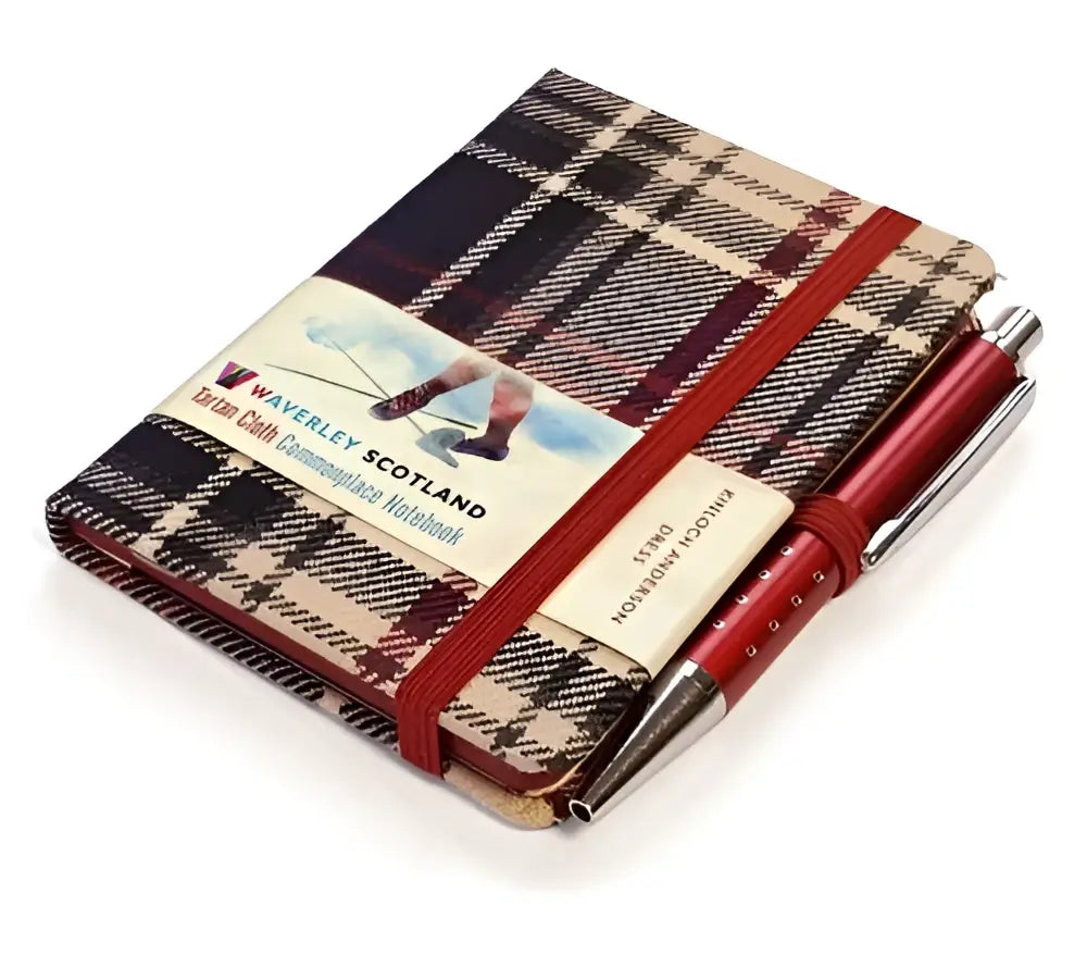 Compact dress mini commonplace notebook in beige and dark brown tartan cloth with red pen pocket and elastic band