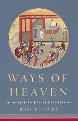 De boekomslag van ways of heaven toont een blauw achtergrond met een cirkelvormige illustratie van een oude scène en traditionele figuren