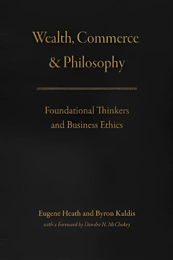Zwart leren boek met gouden letters over business ethics en foundational thinkers in wealth commerce en philosophy