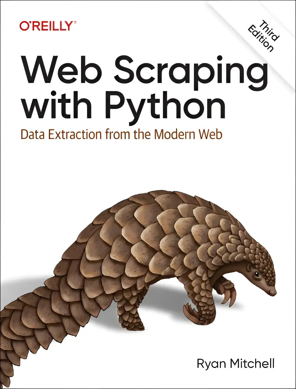 De boekomslag van web scraping with python toont een bruine pangolin tegen een witte achtergrond voor data-extractie van het moderne web