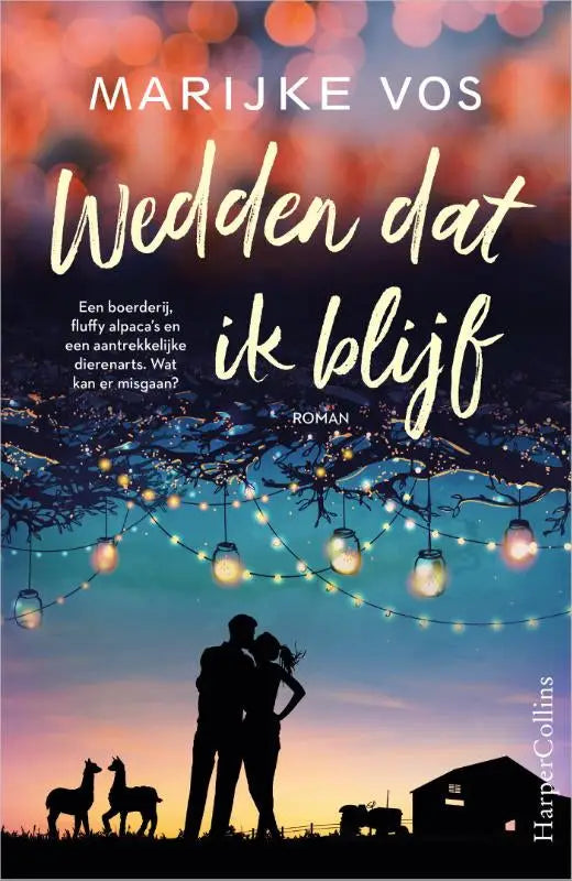 De boekcover van wedden dat ik blijf door marijke vos toont een romantische silhouet van een koppel onder sfeerverlichting
