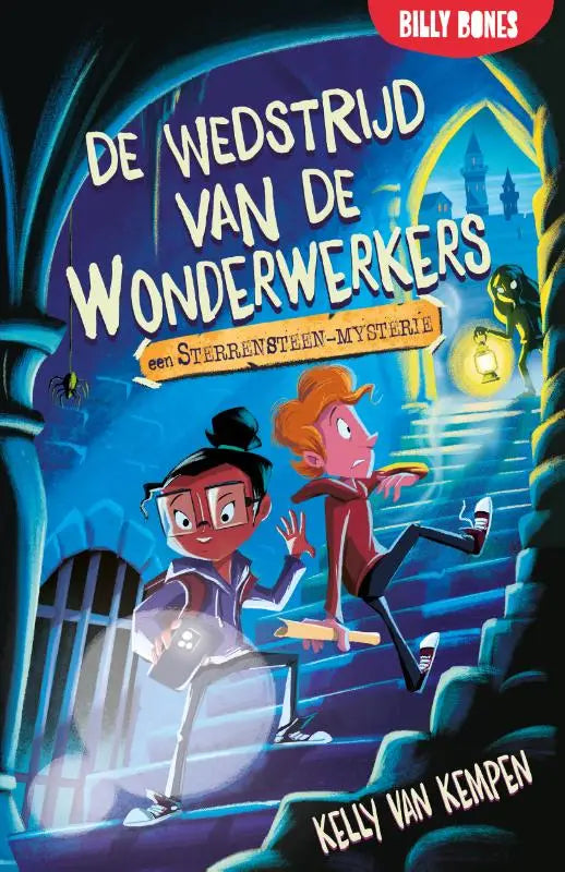 Cover van het kinderboek de wedstrijd van de wonderwerkers door kelly van kempen met twee figuren en gothic sfeer