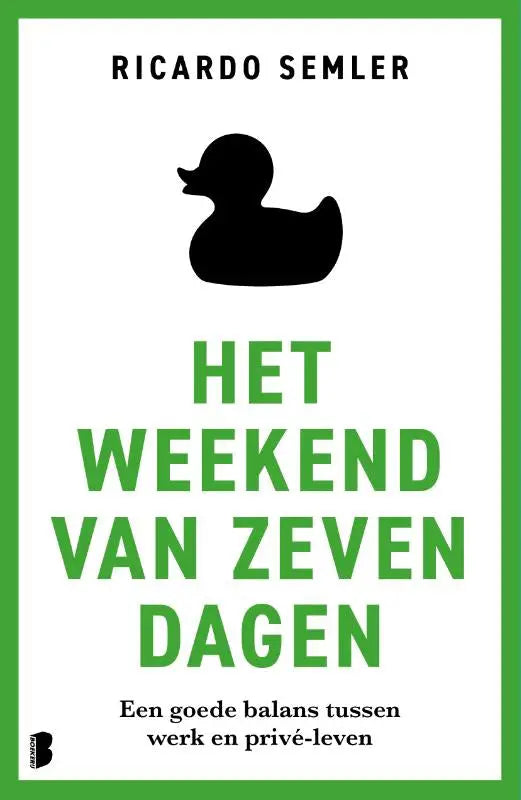 Minimalistische boekcover van het weekend van zeven dagen met zwarte rubberen eend tegen witte achtergrond en groene rand voor eendjes voeren