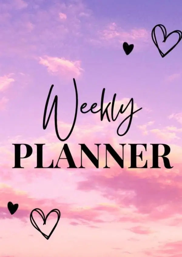 Weekly planner met zwarte sierlijke en vetgedrukte tekst op een zacht roze en paarse lucht met handgetekende harten