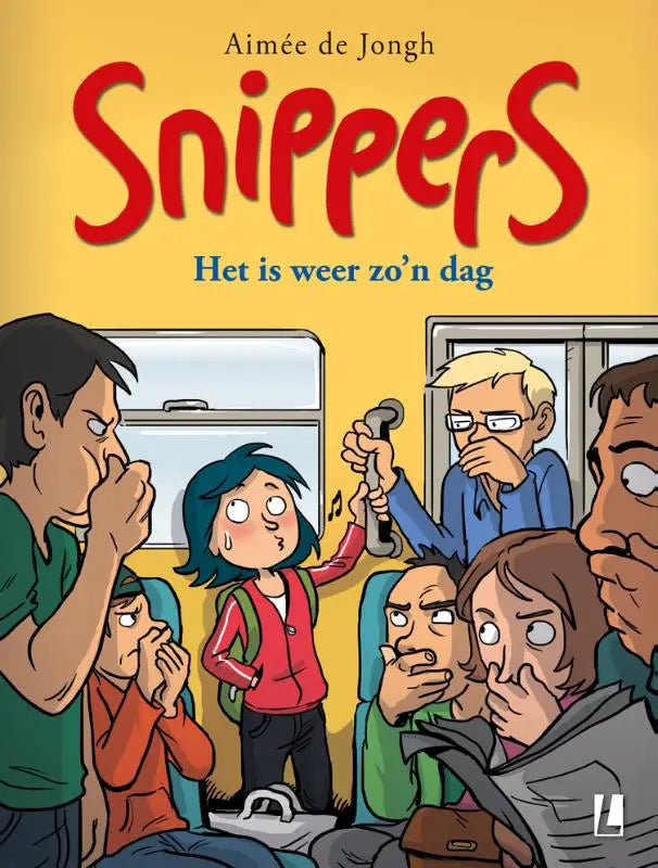 De cover van het stripboek snippers door aimée de jongh toont kleurrijke personages op een trein in zo’n dag voor algemeen publiek