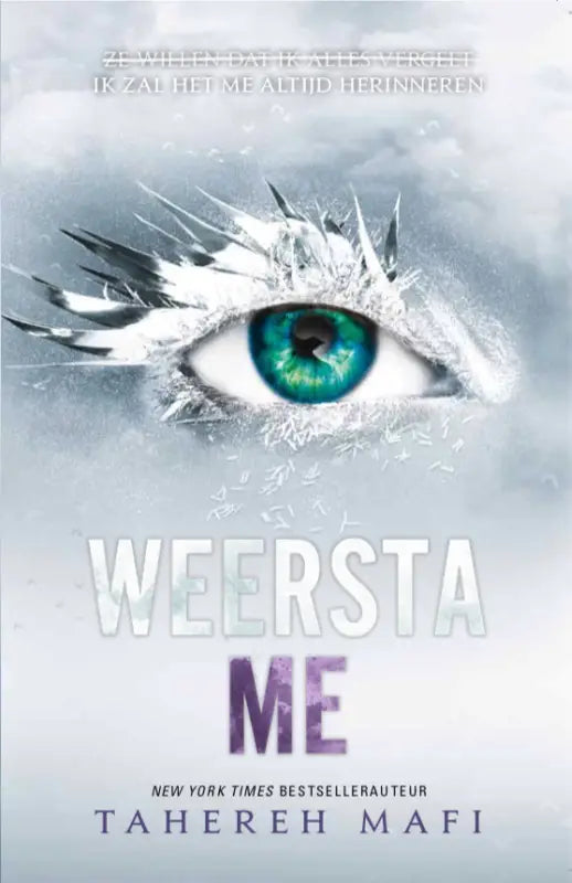 Een opvallend boekomslag van weersta me met een levendig groene oog en ijzige gesprongen witte wimpers op een grijze achtergrond