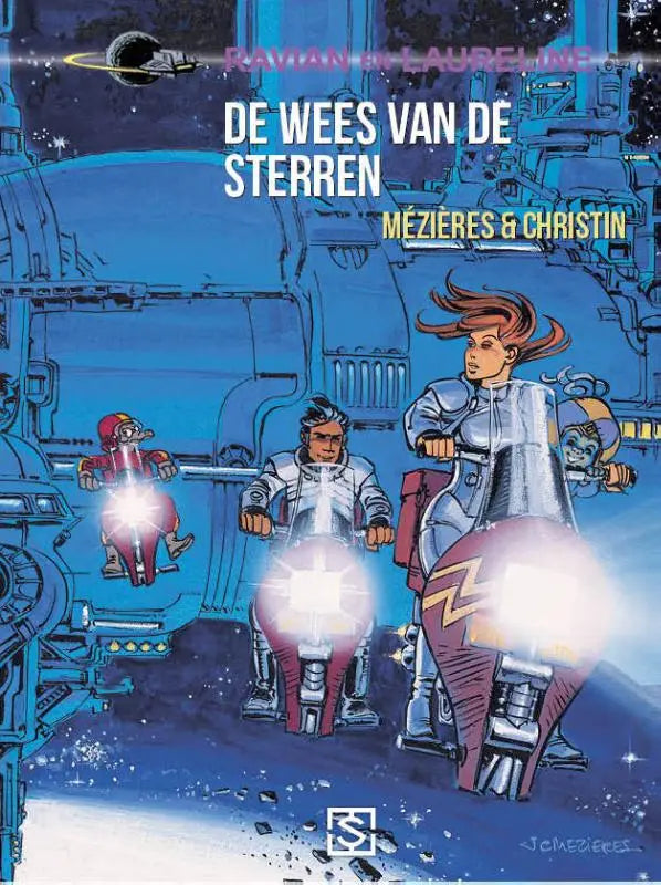 Illustratie van de voorkant van de jongensstrip de wees van de sterren met blauwe en witte tekeningen van futuristische voertuigen in de ruimte