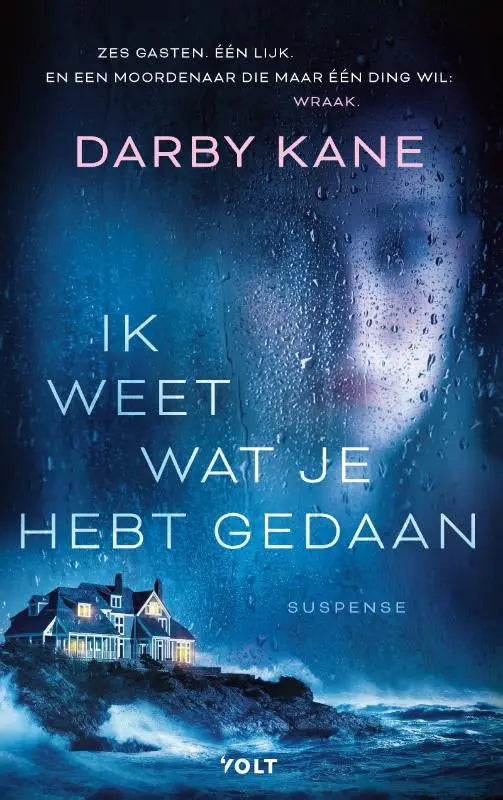 Blauw boekcover van ik weet wat je hebt gedaan met mistig raam, spookgezicht en verlicht huis op rotsklif voor darby kane spannende boeken algemeen