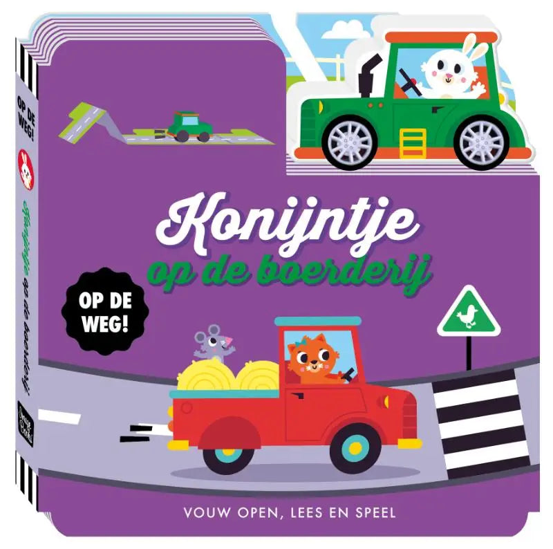 Paarse kinderboardboek konijntje op de boerderij met kleurrijke voertuigen voor jonge lezers om vouw open te lezen