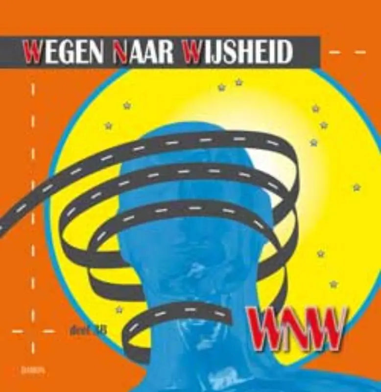 Blauwe gestileerde menselijke hoofdsilhouet met zwarte weg winding tegen gele zon en oranje achtergrond voor wegen naar wijsheid