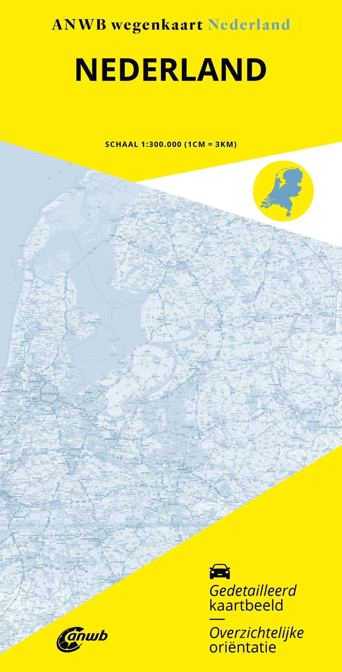 Gele en lichtblauwe anwb wegenkaart nederland met topografische kaarten voor routeplanning en navigatie