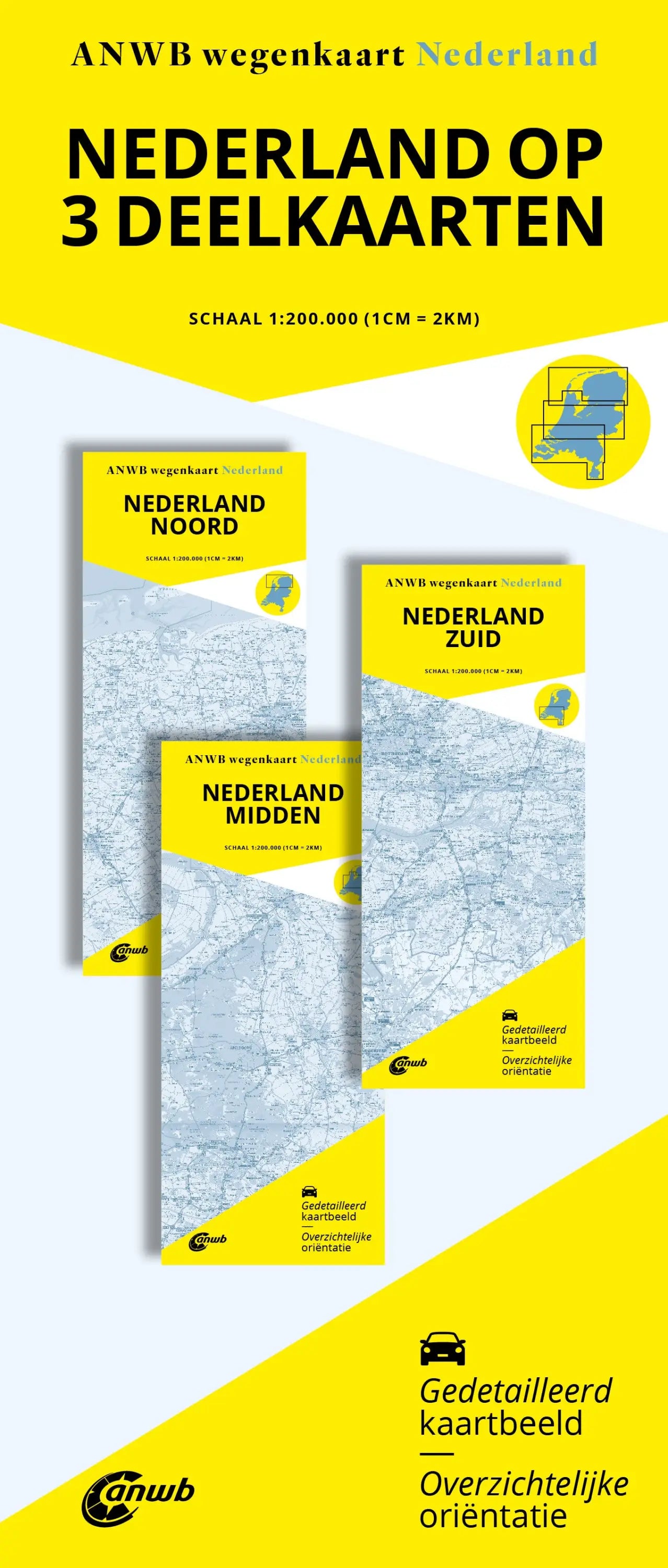 Gele en grijze anwb wegenkaart nederland set noord-midden-zuid met gedetailleerde cartografie voor nederland