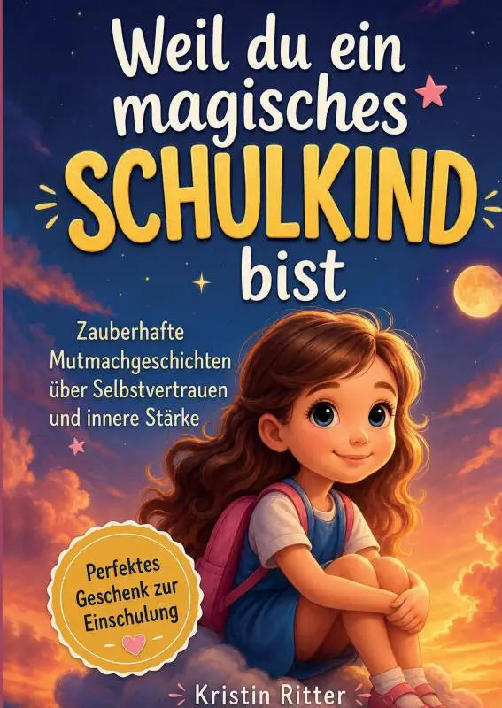 Kinderboek weil du ein magisches schulkind bist met gele en witte letters tegen een sterrennacht achtergrond