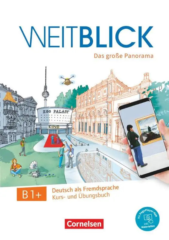 Cornelsen weitblick b1+ deutschkurs und arbeitsbuch mit bunte stadtansicht und fernsehturm berlin für niveau b1+-b2