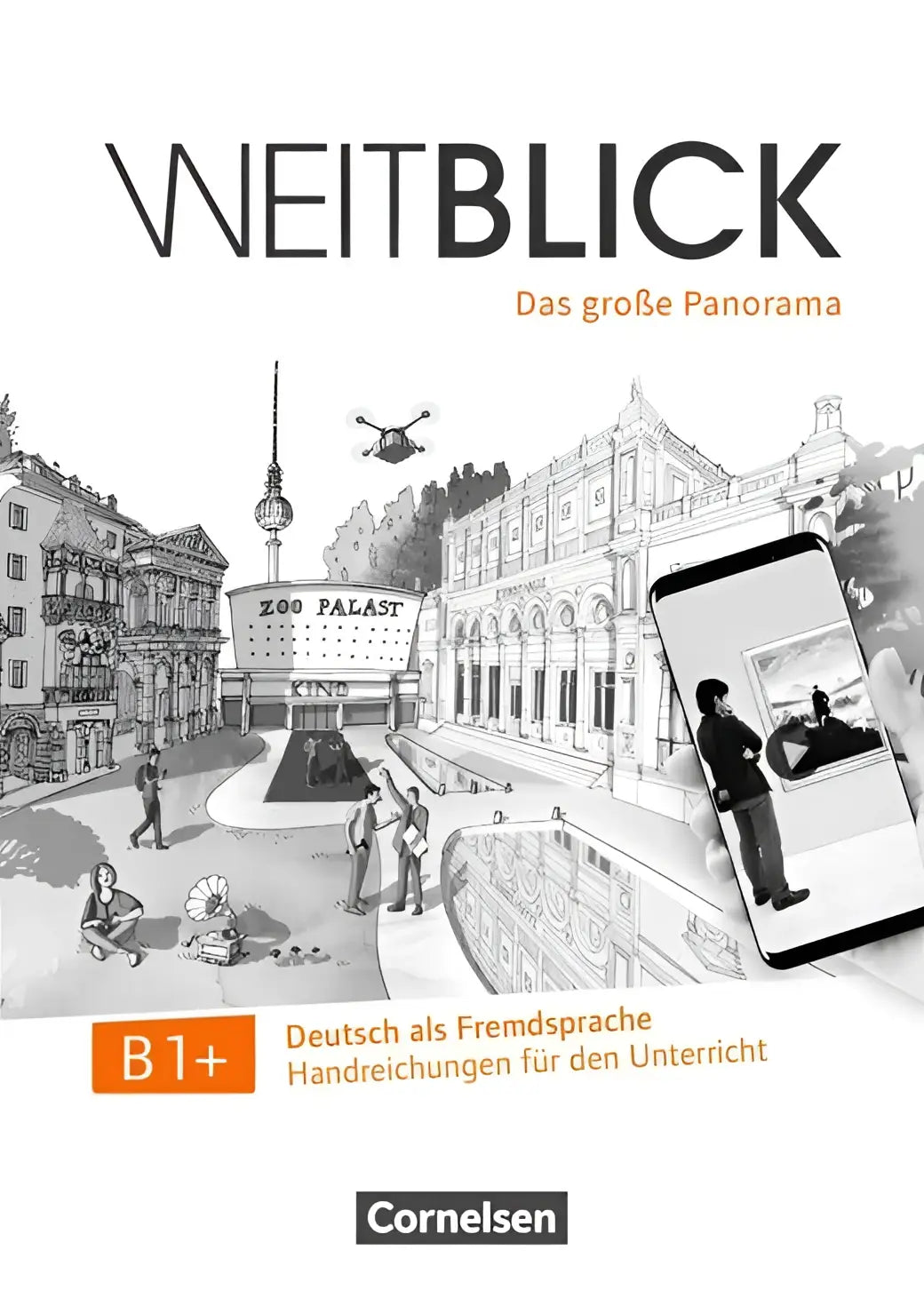 Zwart-wit illustratieve cover van de weitblick handreichung für niveau b1+ leerboek van cornelsen