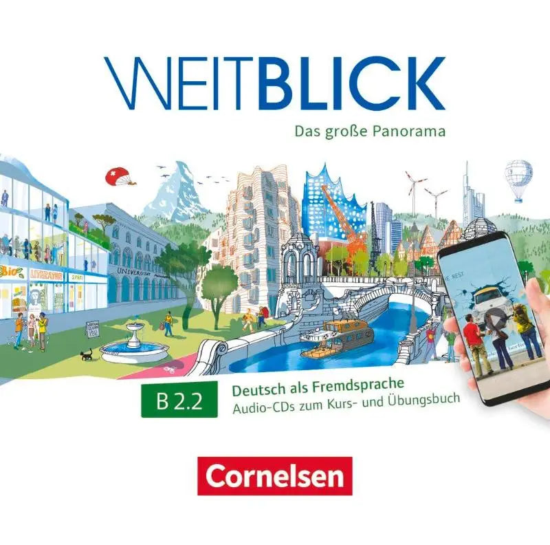 Blauw-witte geïllustreerde book cover voor weitblick b2.2 audio-cd set van cornelsen met audio-cd ondersteunt