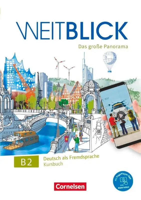 De kleurrijke voorzijde van het weitblick b2 deutsch als fremdsprache kursbuch van cornelsen met stadsscene en windmolens voor niveau b1+-b2 binnen dezelfde reeks