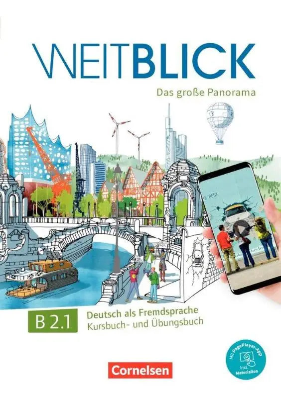 Cover van het weitblick b2.1 duitse leerboek van cornelsen met een kleurrijk stadsbeeld en windmolens niveau b1+-b2