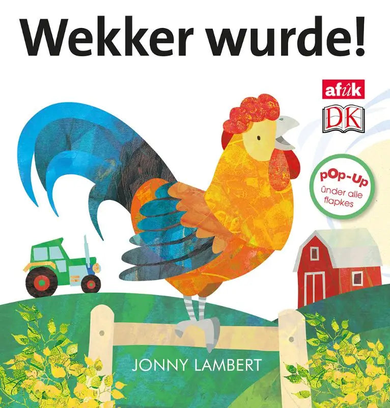 Vibrante pop-up boek cover met een gouden oranje wekker wurde haan en blauwe staartveren