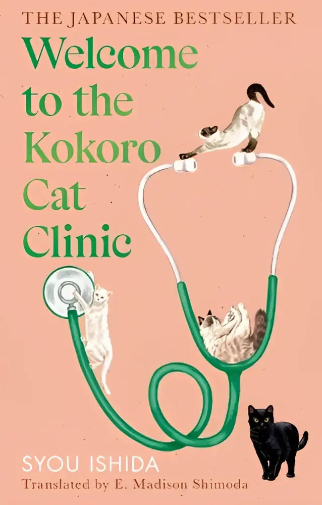 De kokoro cat clinic boekomslag toont een groene stethoscoop met katten tegen een zachte roze achtergrond