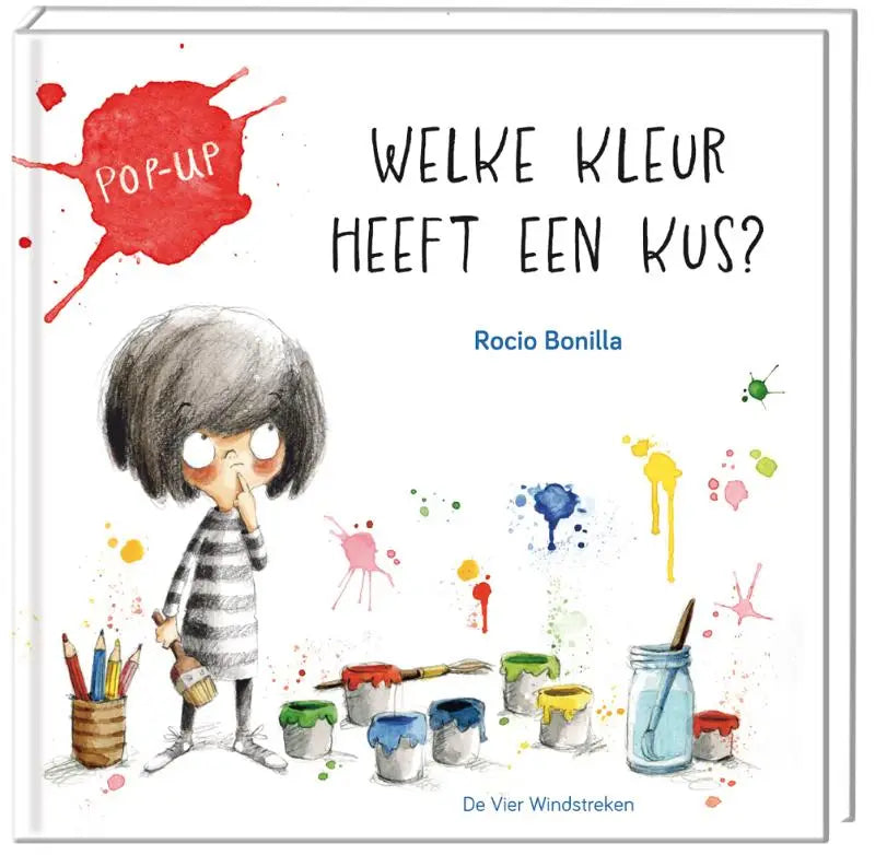 Kinderpop-upboek welke kleur heeft een kus door rocío bonilla met een meisje en kleurrijke verf voor jonge lezers
