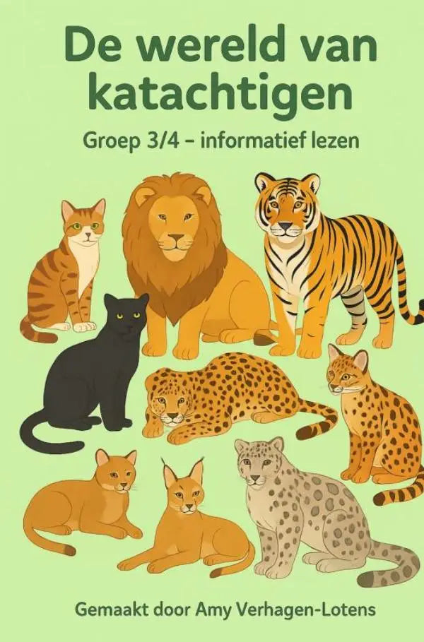 Illustratieve kinderboekcover met cartoon katten en grote katachtigen op groene achtergrond voor informatief lezen groep 3/4