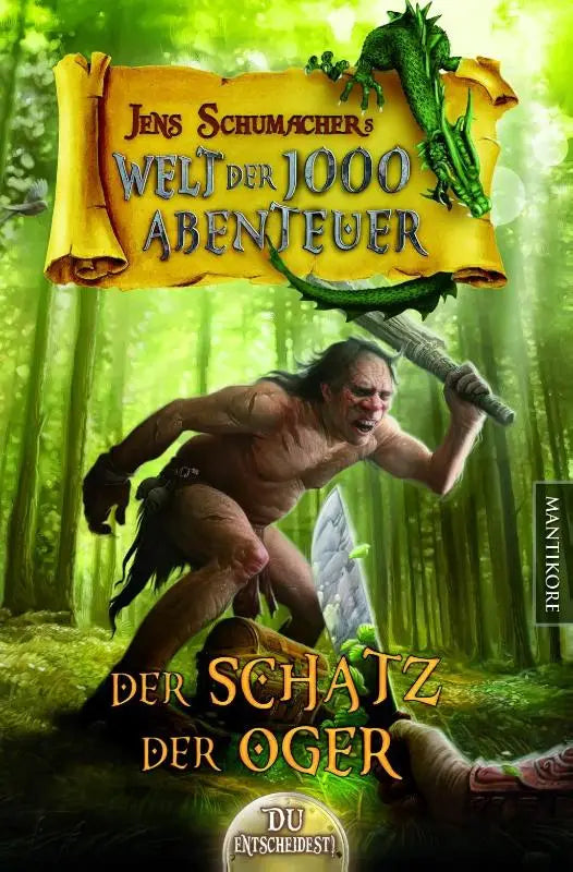 Illustratie van een groene draak op een gele bannier boven een ogre met zwaard in een fantasy-spielbuch