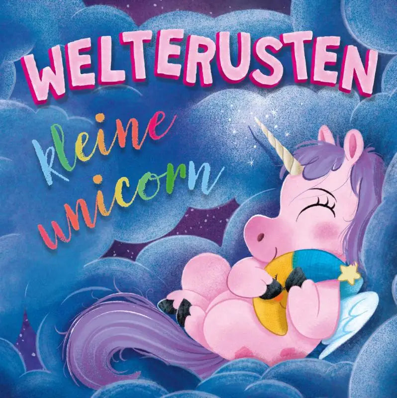 Een roze cartoon kleine unicorn met paarse manen en gouden hoorn rustend in blauwe wolken met een ster voor welterusten kleine unicorn