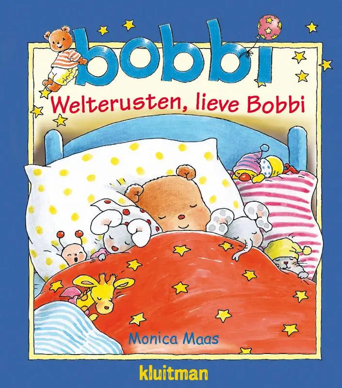 Cozy kinderen boekcover lieve bobbi met zachte illustratie van bruine teddybeer en knuffels onder sterrendekens voor jonge lezers