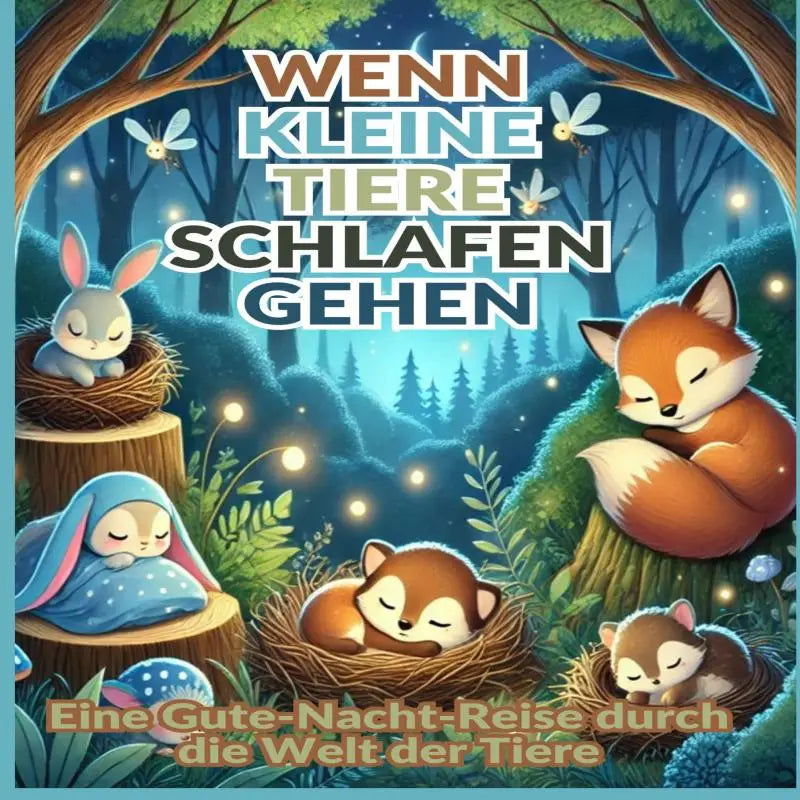 Een kleurrijke kinderboekenhoes van wenn kleine tiere met slapende kleine dieren zoals vos konijn en hert