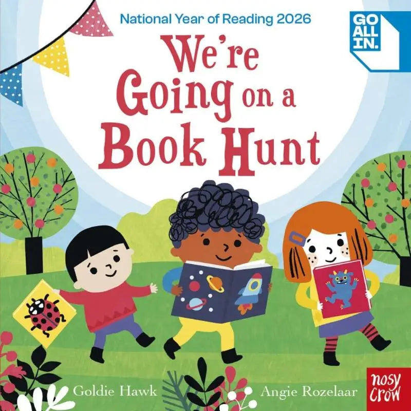 Kinderen houden boeken vast op de kleurrijke omslag van we’re going on a book hunt voor jonge lezers