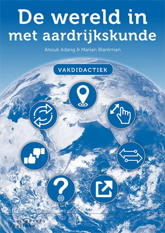 Blauwe cover De wereld in met aardrijkskunde met wereldbol en witte iconen