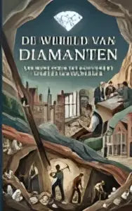 Boekcover de wereld van diamanten met gouden titel op donkere achtergrond toont ruwe steen en schitterend symbool