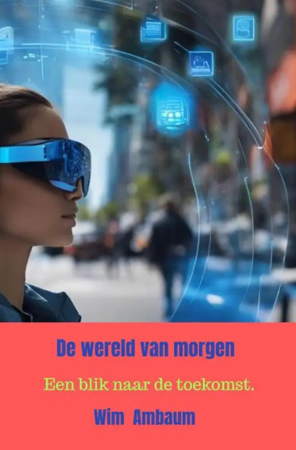 Blauwe futuristische slimme bril met slanke zwarte rand en reflecterende lenzen in de wereld van morgen