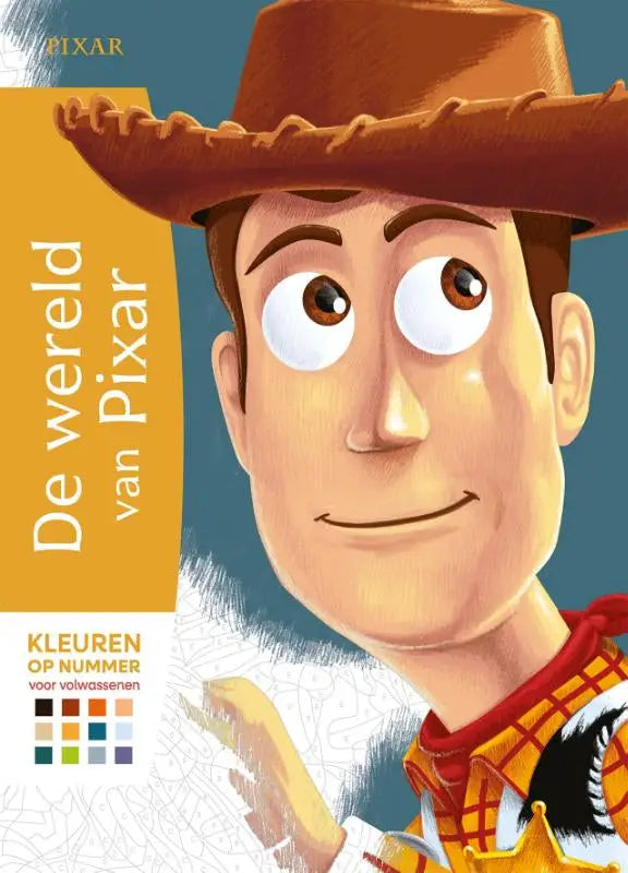 Een cartoonillustratie van woody de cowboy met bruine ogen en hoed in pixar kleuren van deltas chantecler