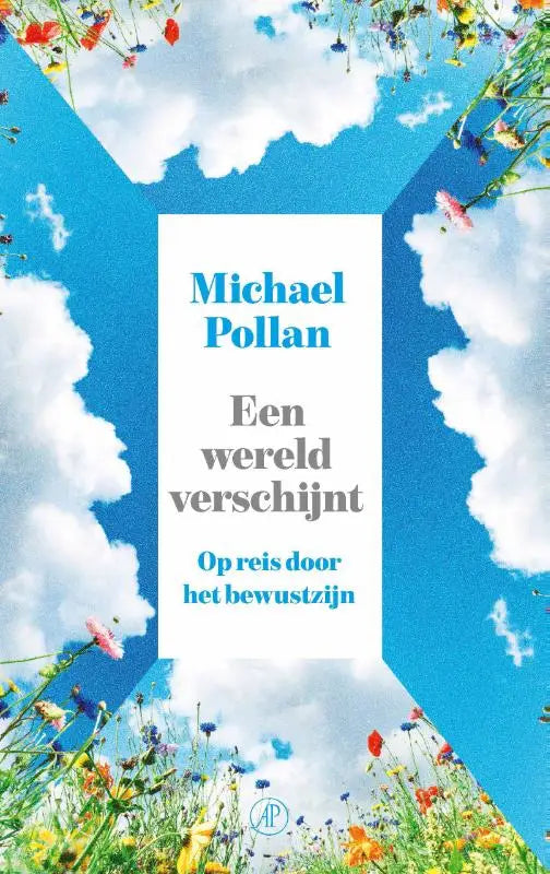 De boekcover van een wereld verschijnt toont een kleurrijk gestileerd veld met wilde bloemen en witte wolken