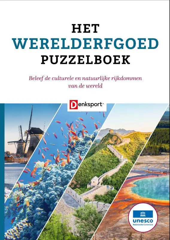 De cover van het werelderfgoed puzzelboek van denksport toont kleurrijke panelen met iconische unesco werelderfgoed locaties